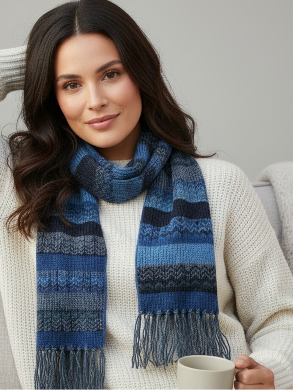Blue striped fringe crinkle scarf wrap
